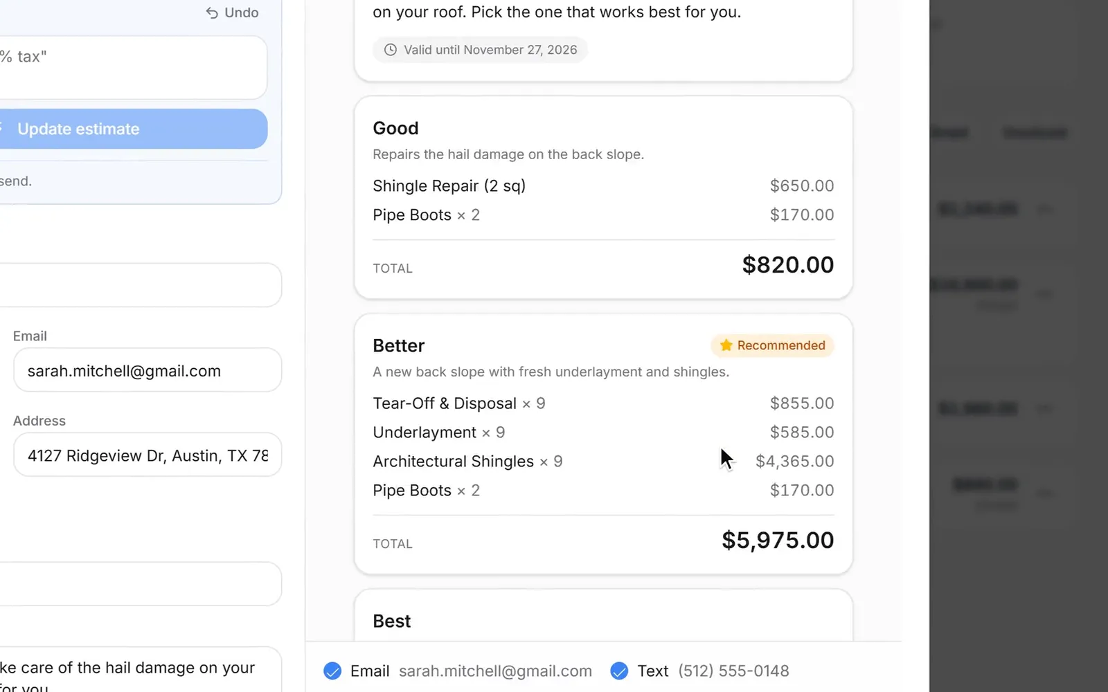 Summit Roofing describes a hail repair in one sentence and gets a Good, Better and Best estimate priced from its price book, sends it by text and email, Sarah Mitchell approves Better for $5,975, and it becomes an invoice asking for a 50% deposit that shows Deposit paid.